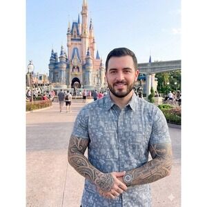 Disney Parks Mens XL Grey All Over Print Landmark Attractions Button Down Shirt